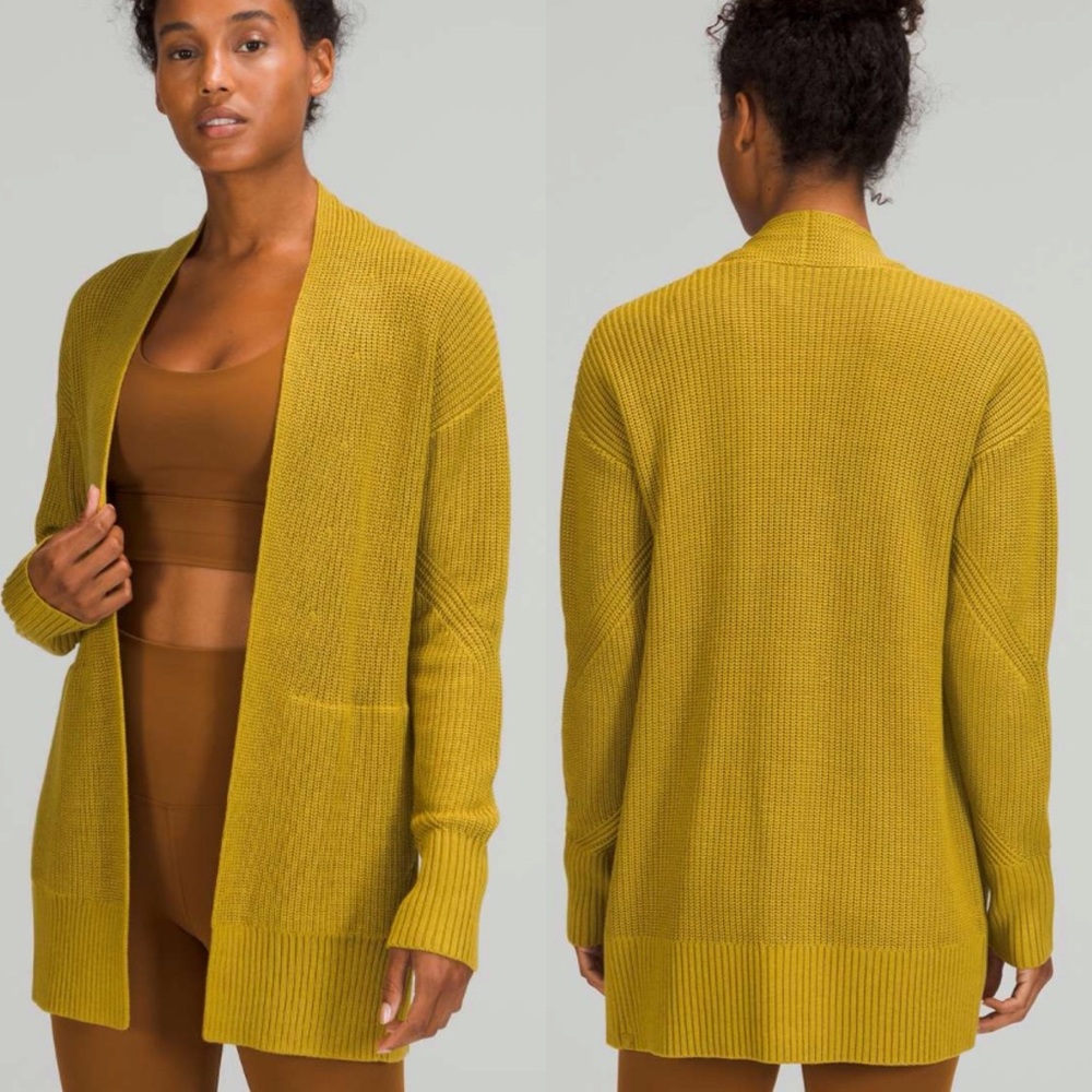 Lululemon Cashlu Sweater Wrap cardigan ribbed knit open front Auric Gold
